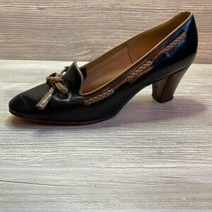 Vintage Jack Rogers all leather heels dark navy with taupe braided trim size 7